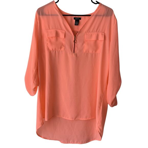 RUE 21 Womens Shirt Sheer Pink Salmon Fluorescent Blouse Top Roll tab Sleeve XL - Picture 1 of 13